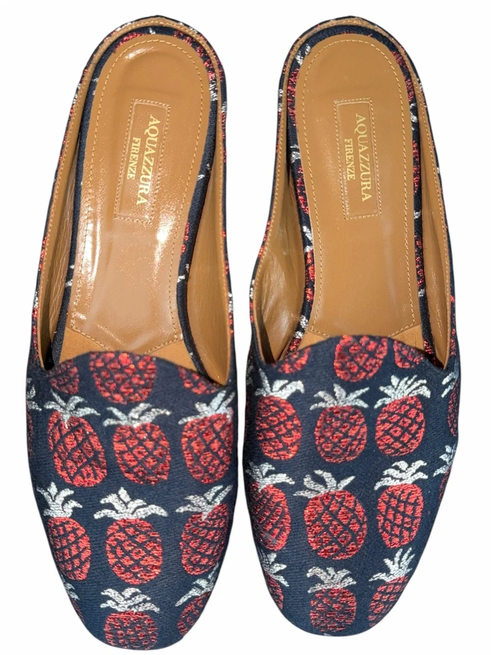 Aquazzura Brando Pineapple Jacquard Blue Red Backless Mule Loafers EU 39 US 9